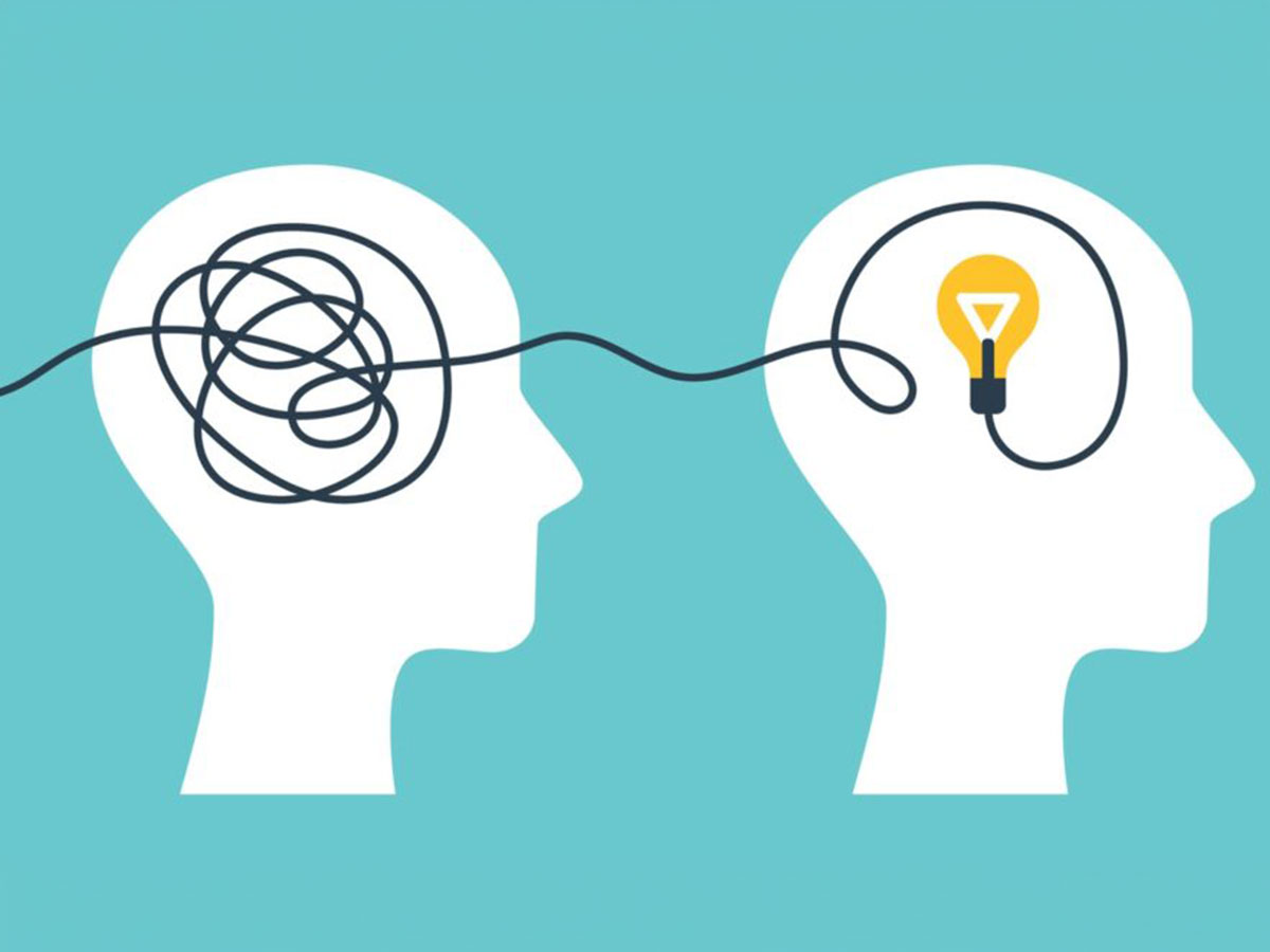 Concept of psychotherapy, brainstorming and mental problem solving. Vector illustration. Brain with tangled knot and order in man head. Simplifying the complex path. Light bulb idea and scribbles.