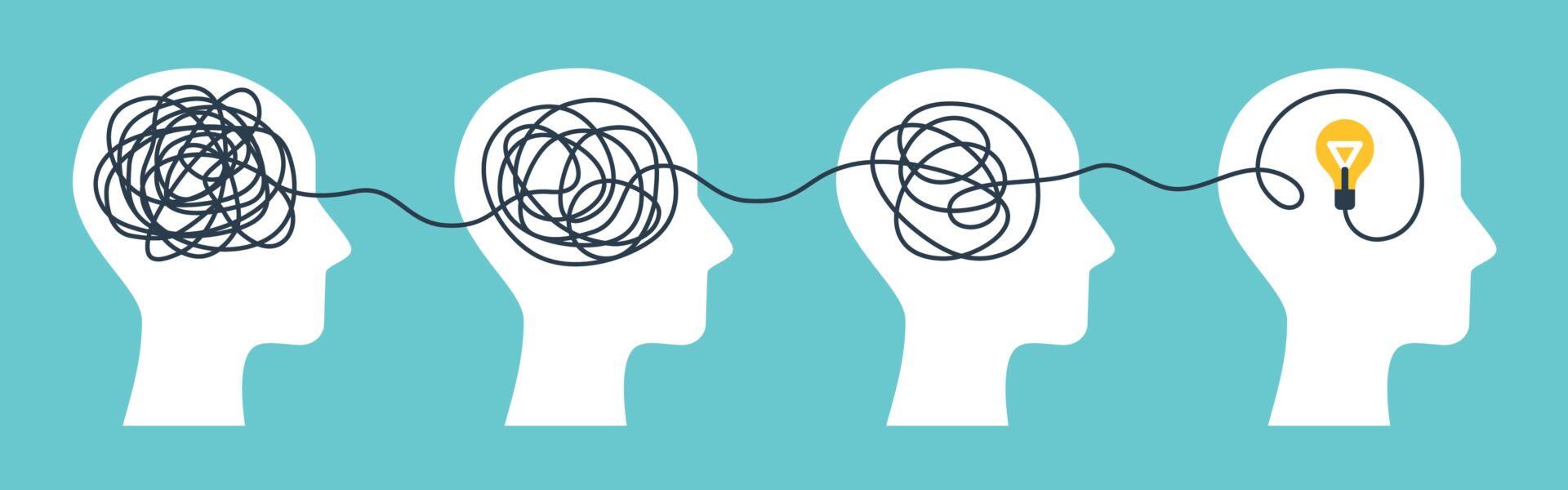 Concept of psychotherapy, brainstorming and mental problem solving. Vector illustration. Brain with tangled knot and order in man head. Simplifying the complex path. Light bulb idea and scribbles.