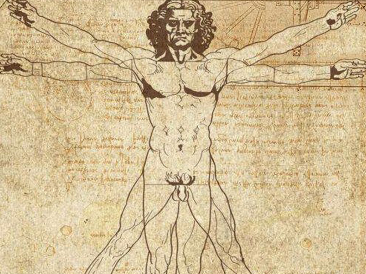 Illustration of Leonardo da Vinci's Vitruvian Man with superimposed arm and leg positions in a circle and square