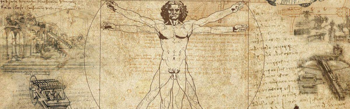 Illustration of Leonardo da Vinci's Vitruvian Man with superimposed arm and leg positions in a circle and square
