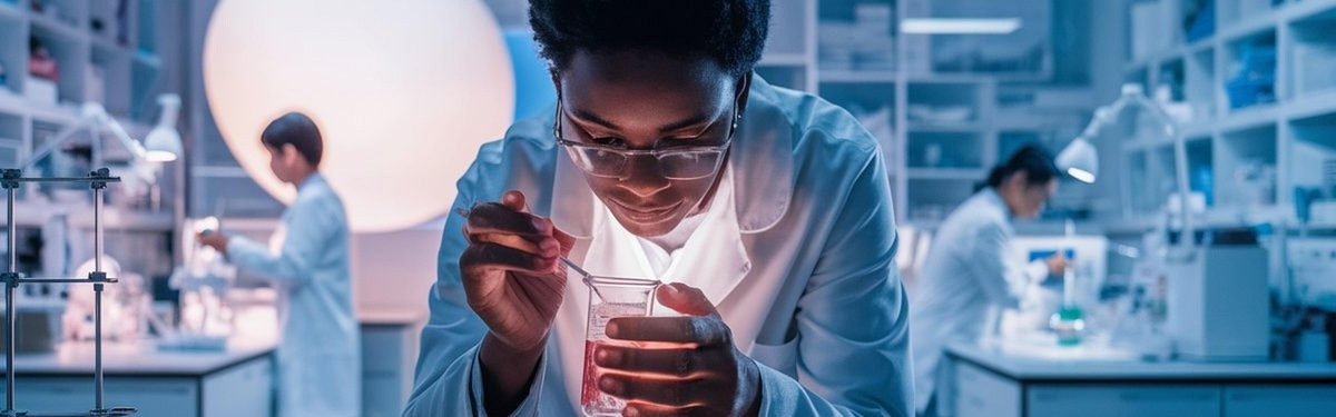 Woman mixing something in a glass in a labor with her two colleagues in the back